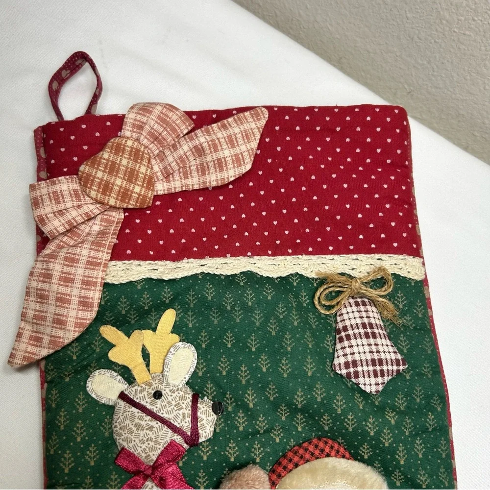 Vintage Handmade 3D Quilted Grandmacore‎ Country House Santa & Reindeer Stocking